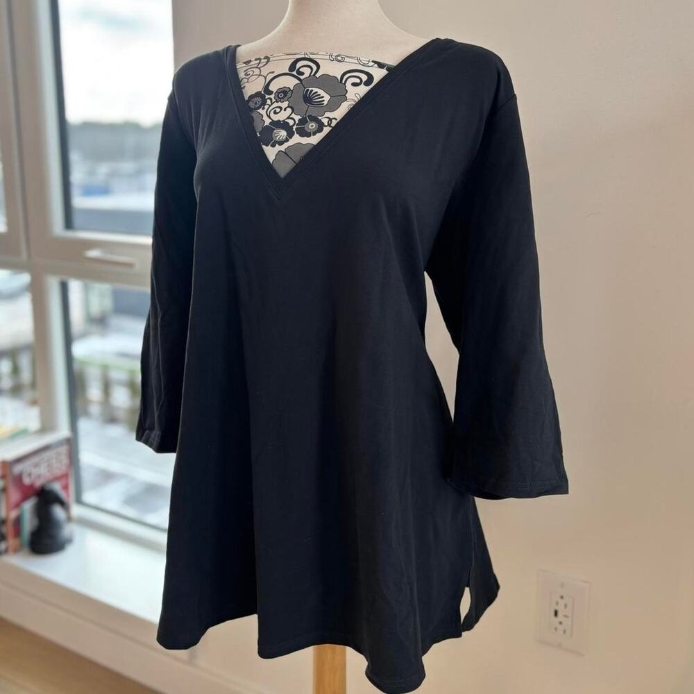 Denim and Co. Black Relaxed Floral 3/4 Sleeve Blouse, Built in Cami Sz 2X
